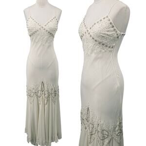 Vintage Y2k Beaded Bias Cut Gown V Neck Mermaid Crop Waist Ivory Gold Womens XS